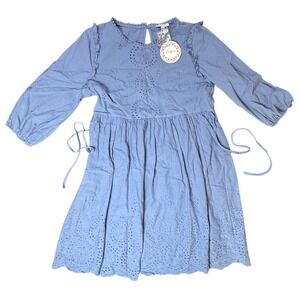 Umgee Eyelet Dress‎ Long Sleeve Tie Waist Blue Dress Medium